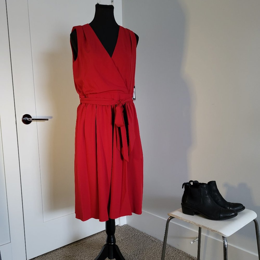 Red wrap style midi length dress